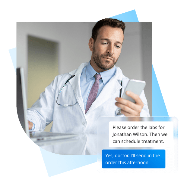 octor coordinating lab orders with staff using a smartphone and laptop