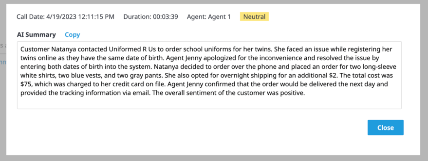 AI Call Summary on call recordings page