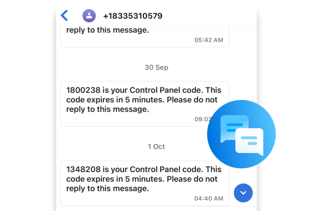 Standard SMS example showing one-to-one Control Panel verification texts