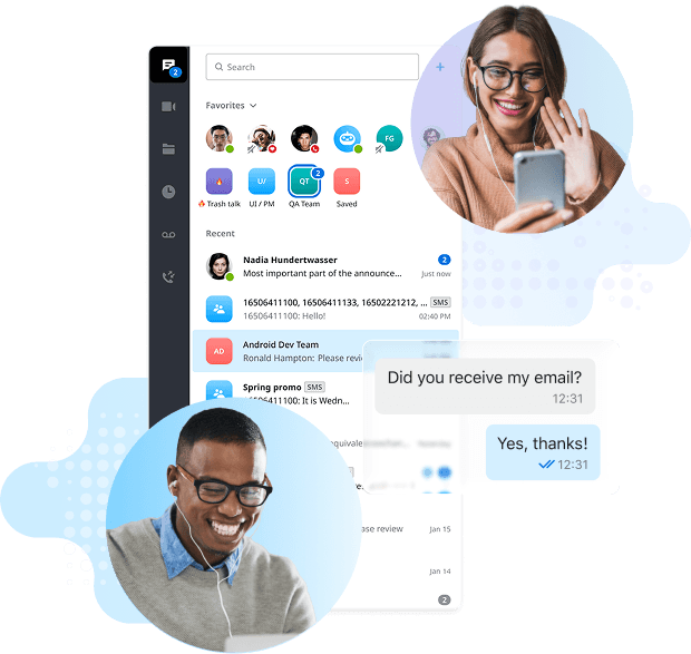 Intermedia Unite team chat interface with contacts, recent conversations, and instant messages