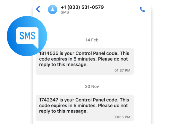 Company Messaging example showing Control Panel verification texts from a shared business number