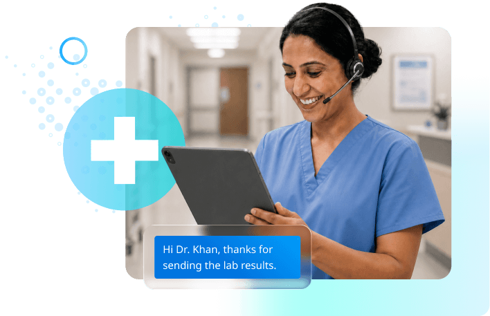 Healthcare provider using a tablet to review a patient's lab results